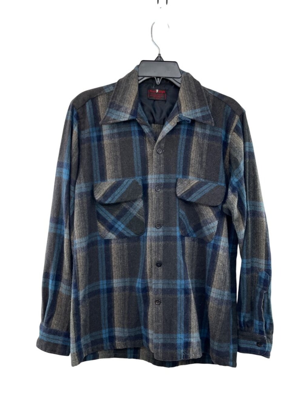 Vintage Wool Flannel Shirt Mens M Blue Plaid Royal Knight Button Front Used